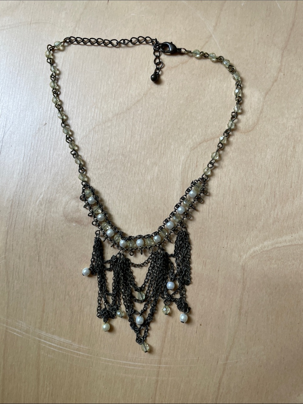 Vintage-Inspired Bronze Chain Choker Necklace -Light Chartreuse and Cream Beads
